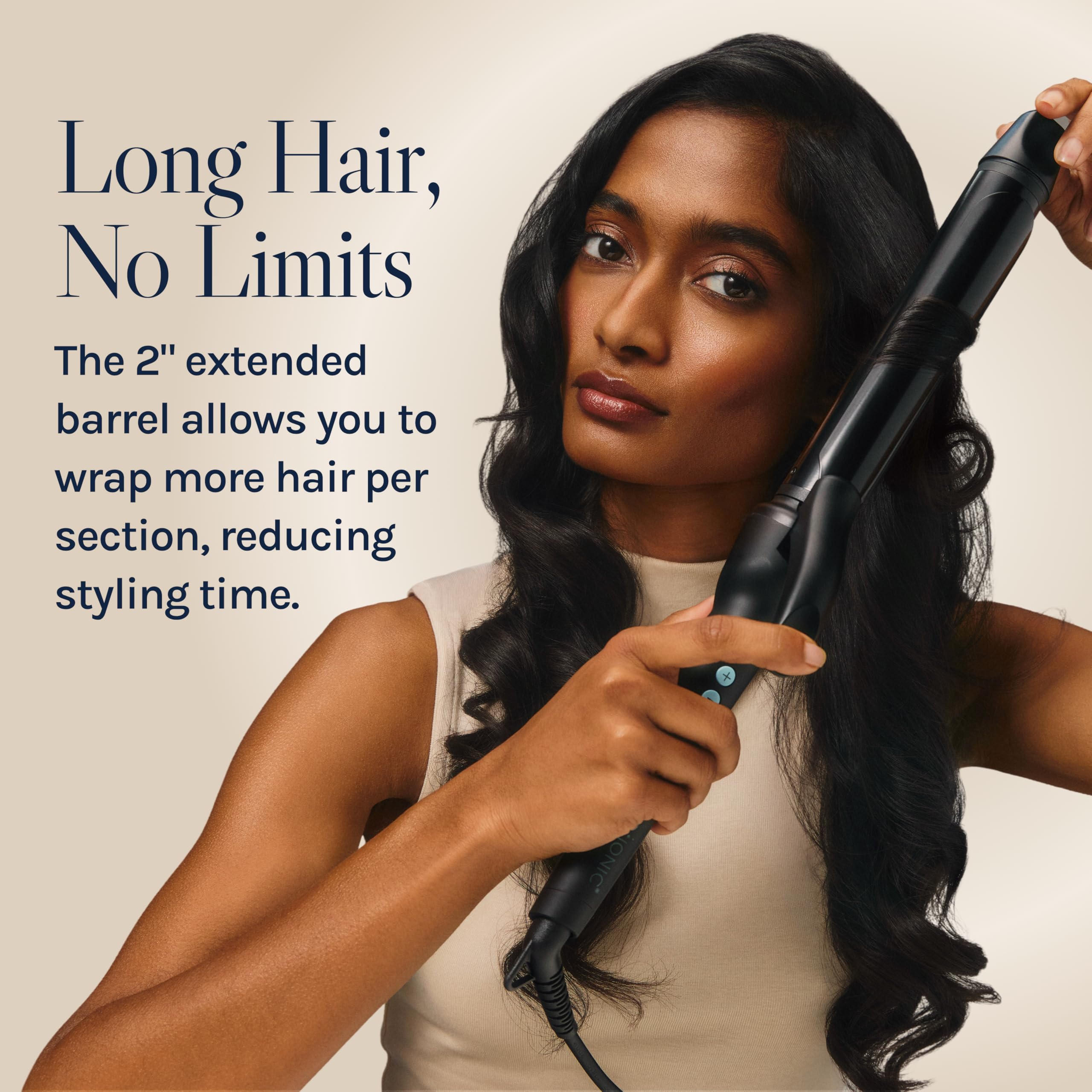 Bio Ionic professional 1.25 inch curling wand showing the ergonomic soft touch handle and premium ceramic construction.