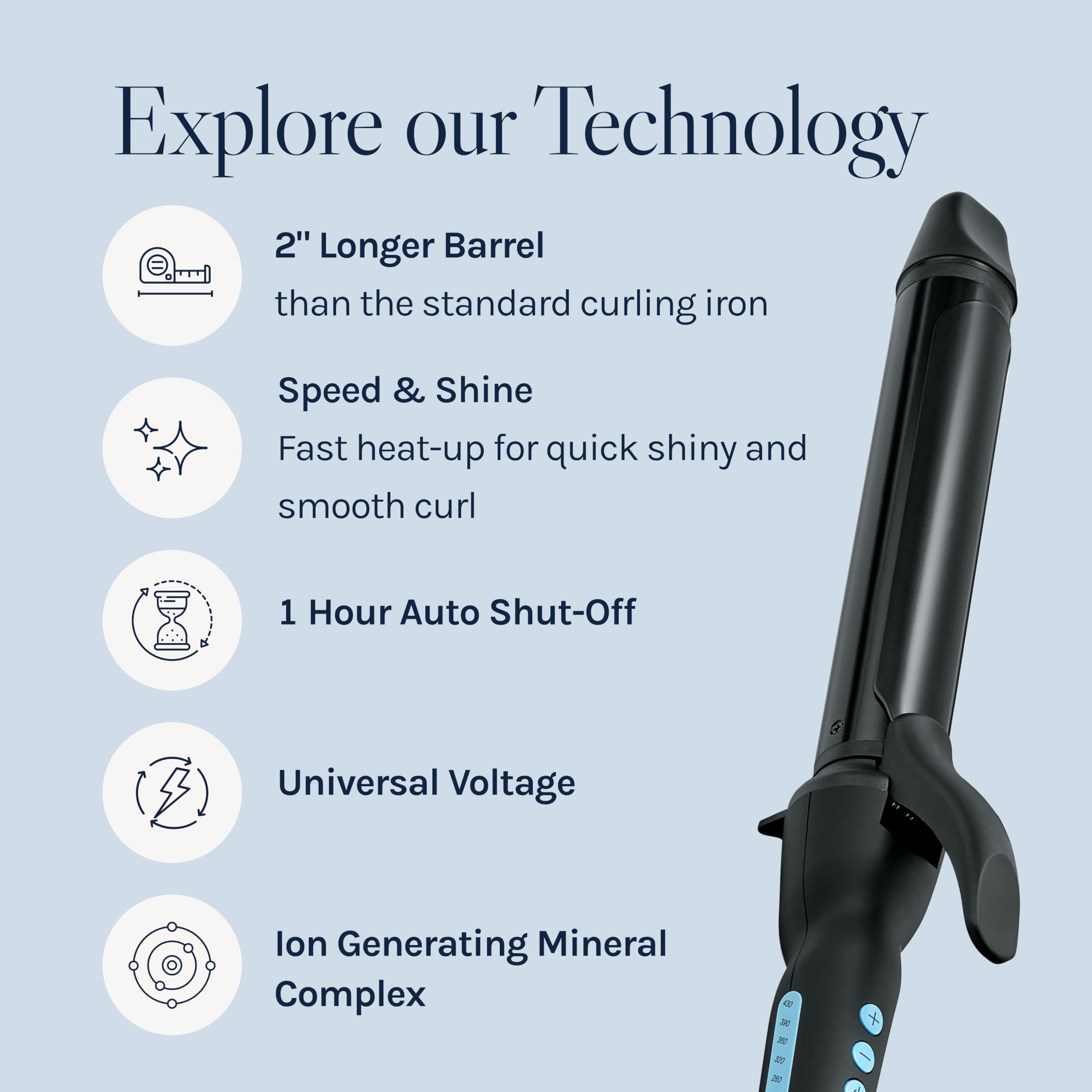 Side profile of the Bio Ionic moisture heat technology curling iron illustrating the long barrel length ideal for styling.