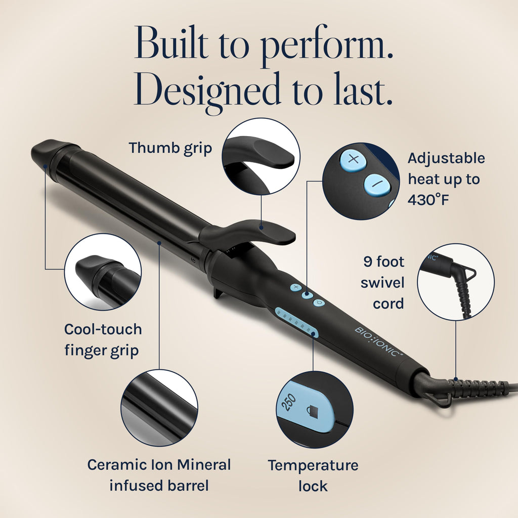 Angled perspective of the Bio Ionic Elite Pro styling collection 1.25 inch iron highlighting its sleek modern design.