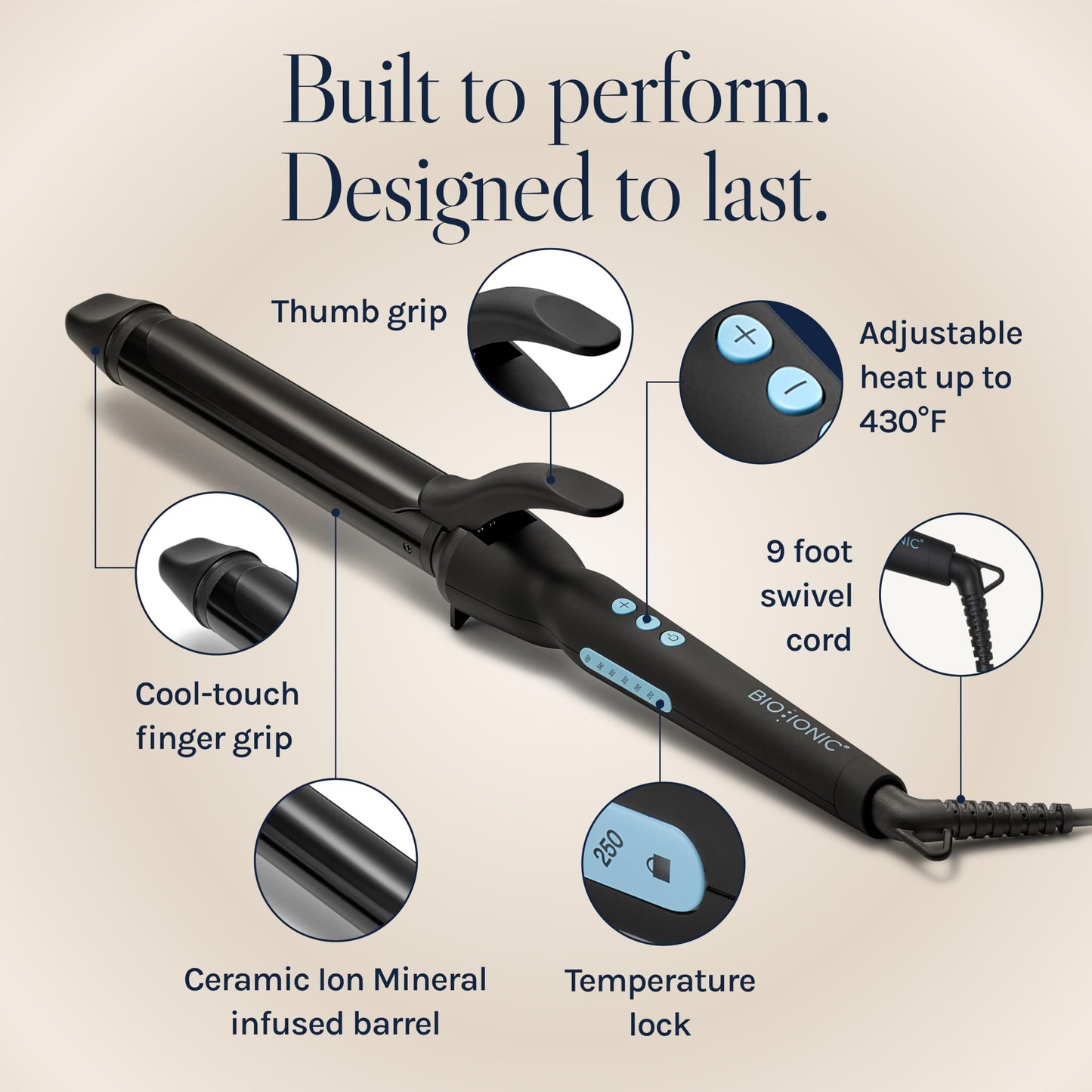 Angled perspective of the Bio Ionic Elite Pro styling collection 1.25 inch iron highlighting its sleek modern design.