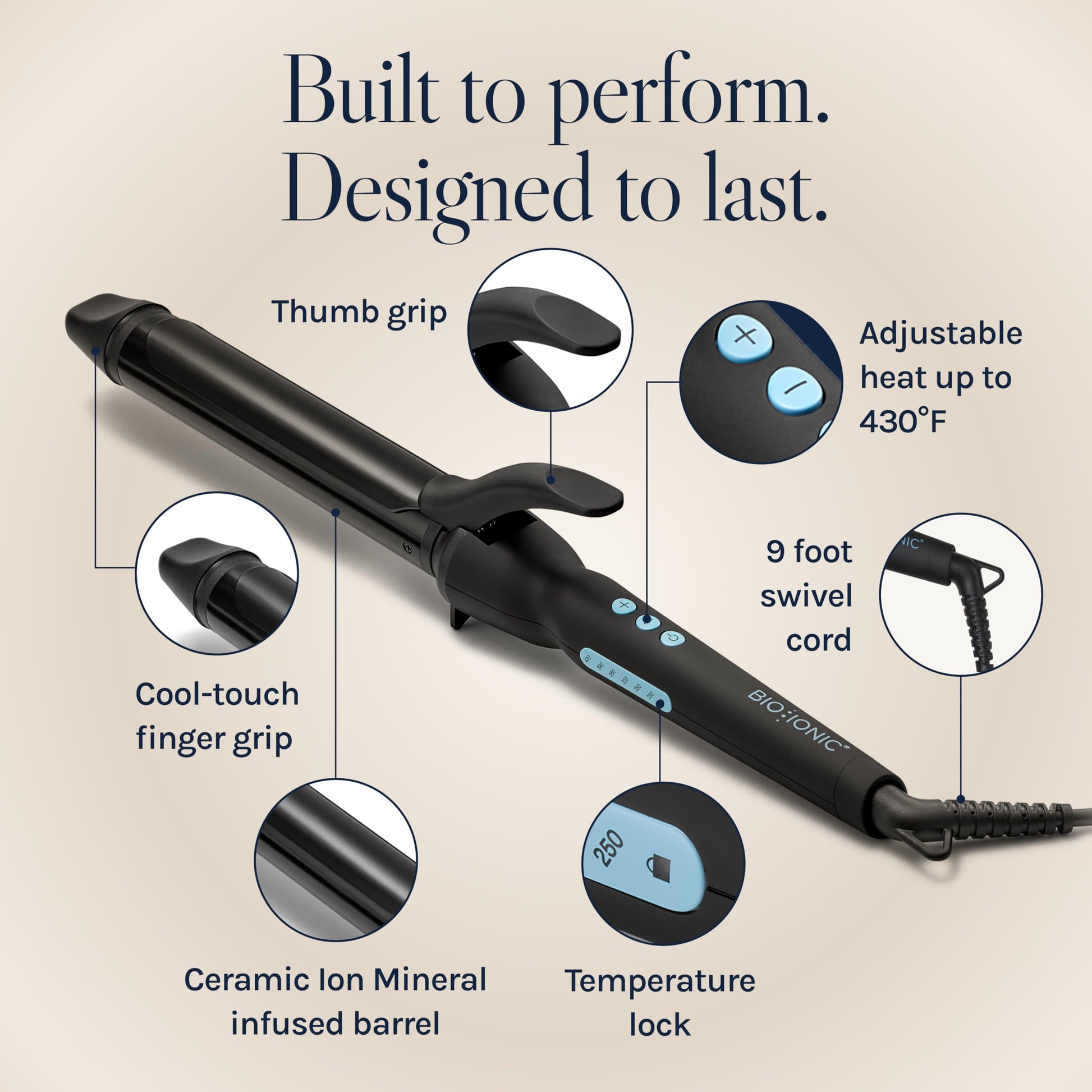 Angled perspective of the Bio Ionic Elite Pro styling collection 1.25 inch iron highlighting its sleek modern design.