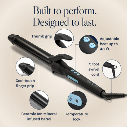 Angled perspective of the Bio Ionic Elite Pro styling collection 1.25 inch iron highlighting its sleek modern design.