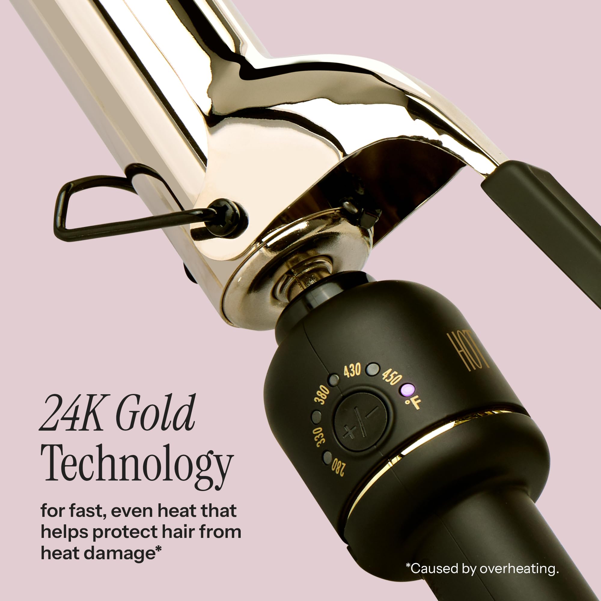 Close-up of the 6-inch extended barrel on the Hot Tools professional curling iron for long hair.