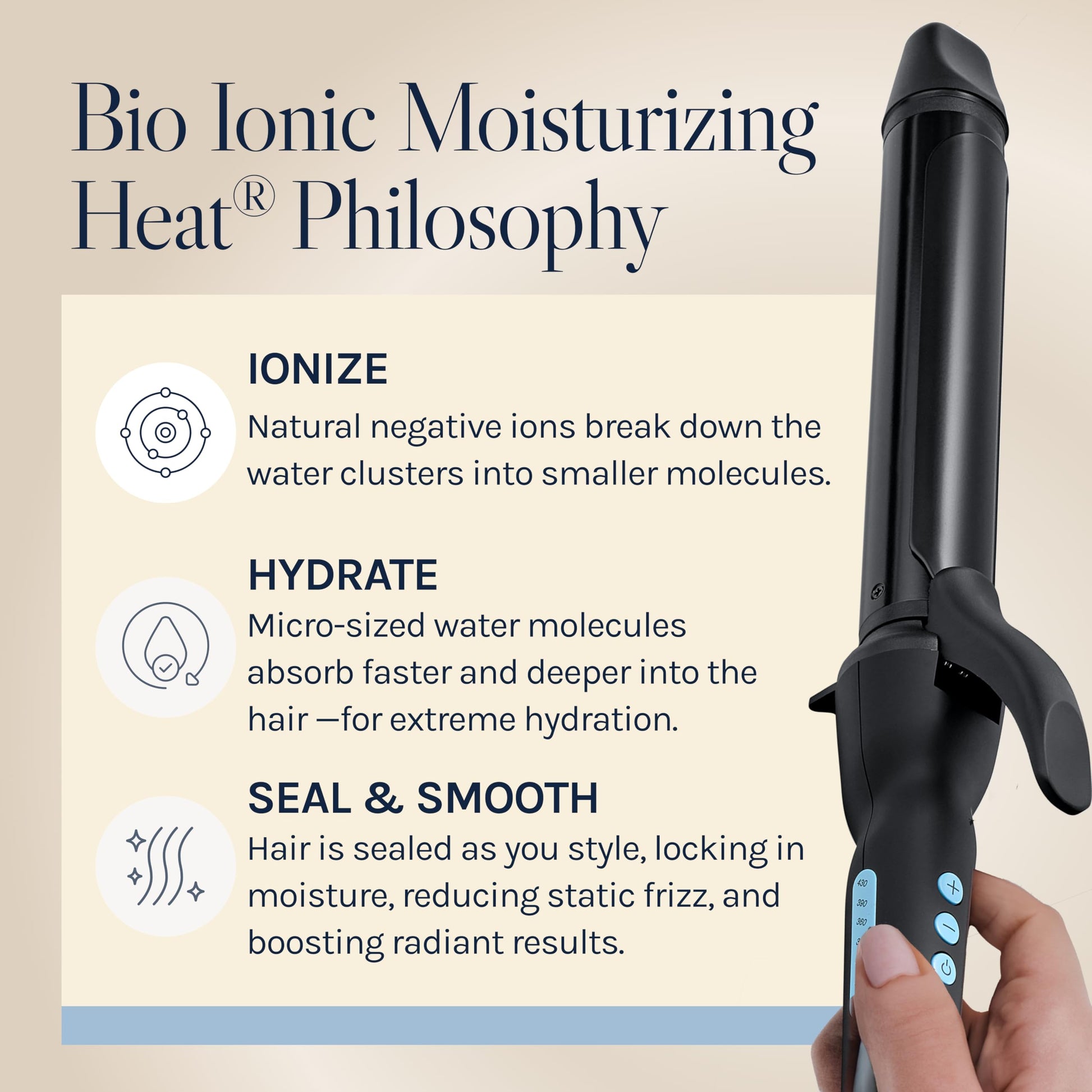Full view of the imported Bio Ionic dual voltage curling iron package components including the professional long cord.