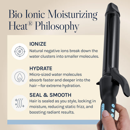 Full view of the imported Bio Ionic dual voltage curling iron package components including the professional long cord.