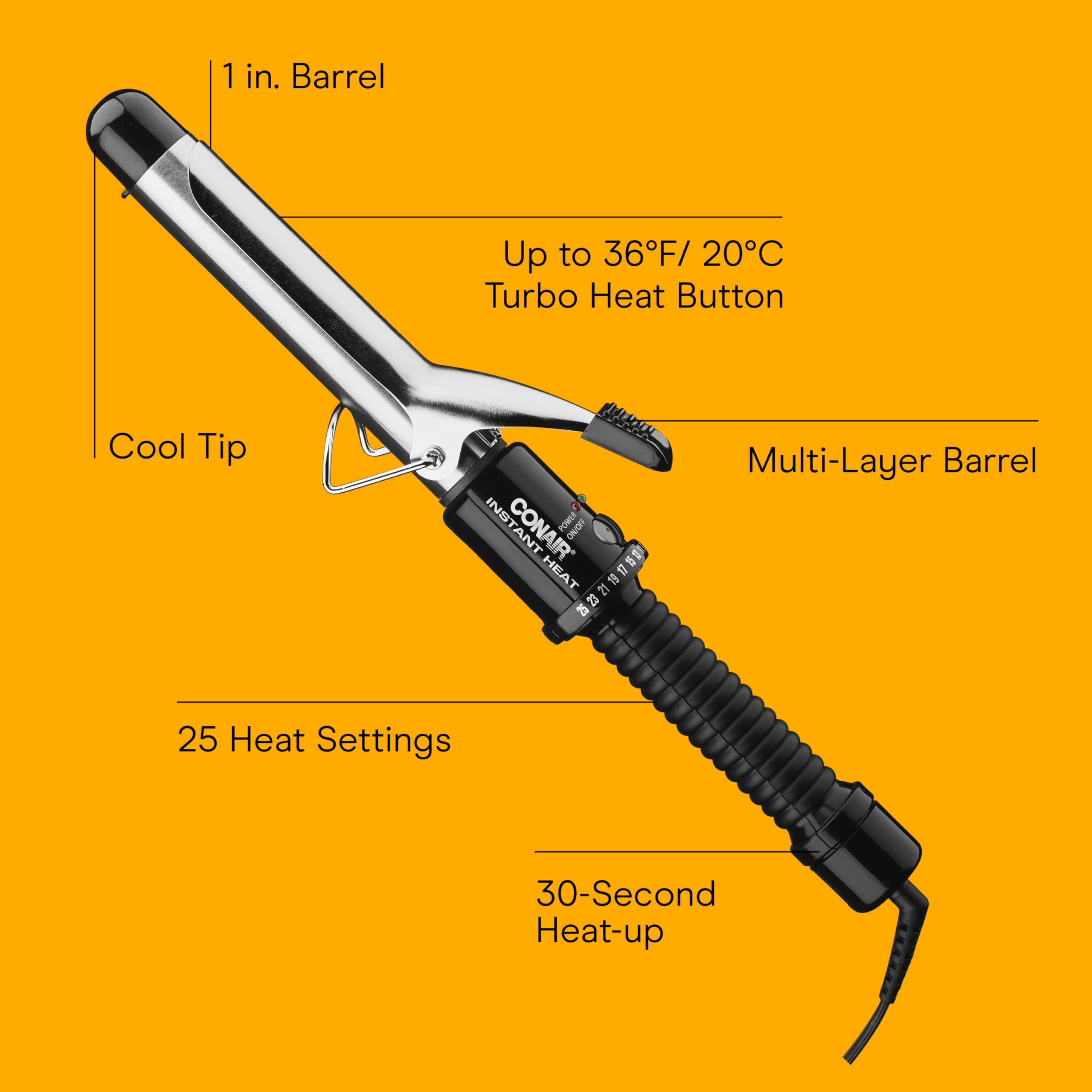 Conair hair curler showing the electronic touchpad with twenty five heat settings.