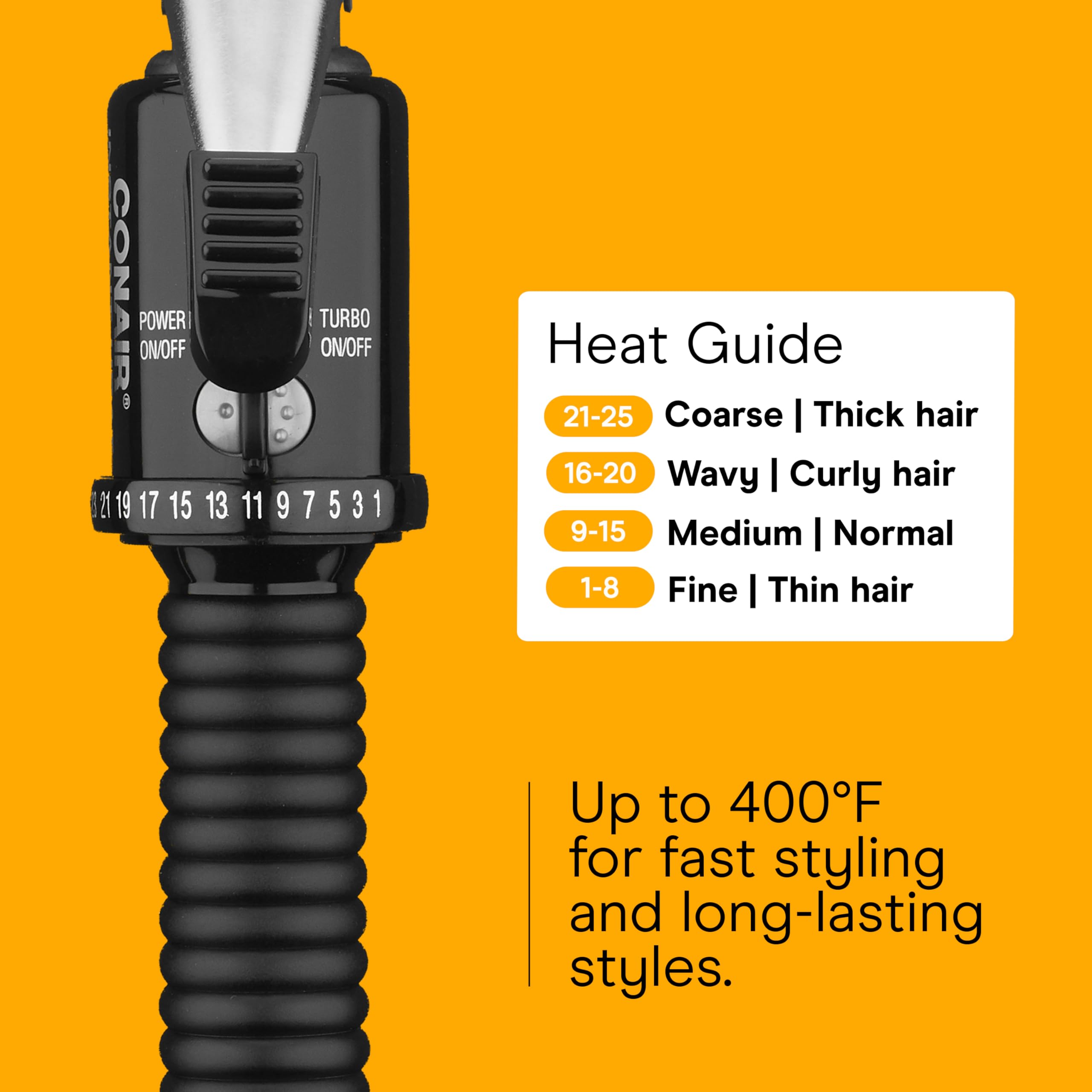 Conair styling wand emphasizing the turbo heat boost button and power indicator lights.
