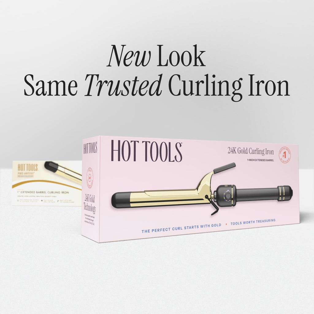 Full view of the USA imported Hot Tools 24K Gold 2 Inch Extended Barrel Curling Iron.