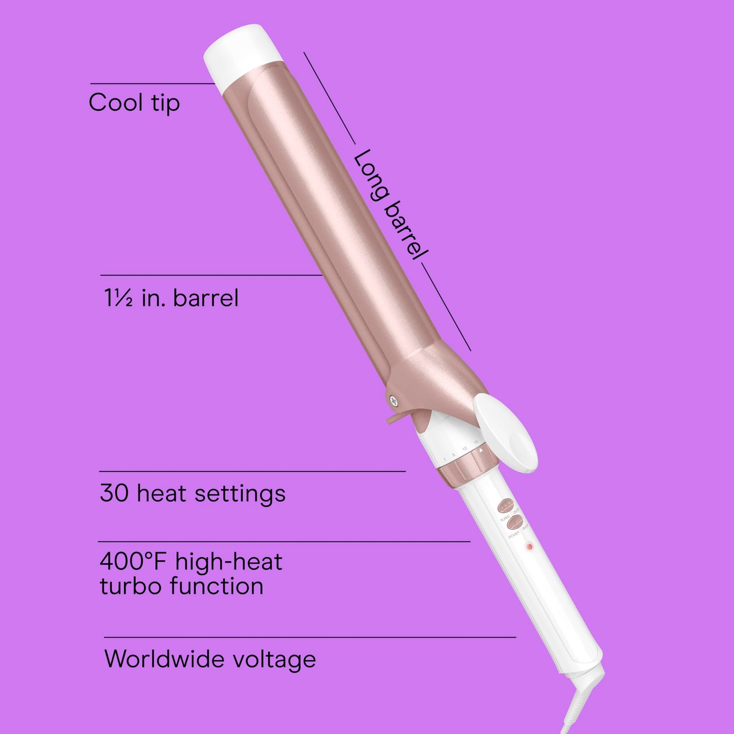 Side profile of the Conair 1.5 inch hair waver demonstrating the integrated control buttons and cool tip.