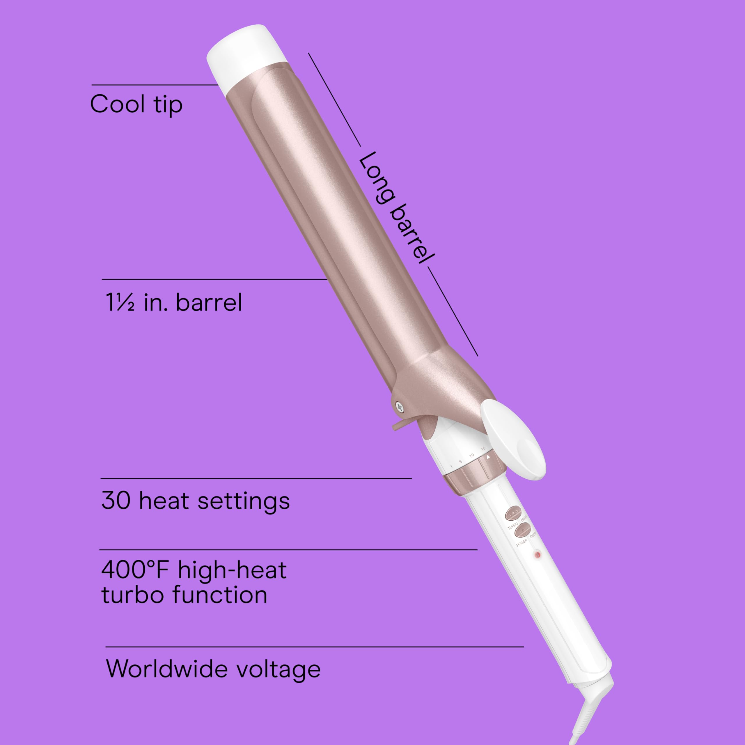 Side profile of the Conair 1.5 inch hair waver demonstrating the integrated control buttons and cool tip.