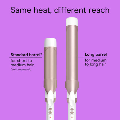 Close-up shot of the rose gold double ceramic barrel highlighting the even heat distribution surface.