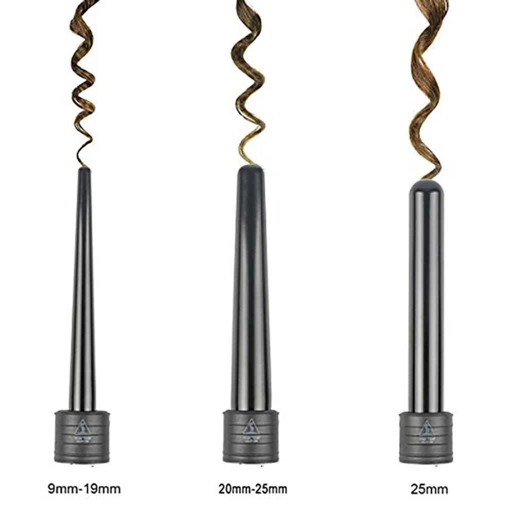 Three interchangeable ceramic curling barrels for hair styling