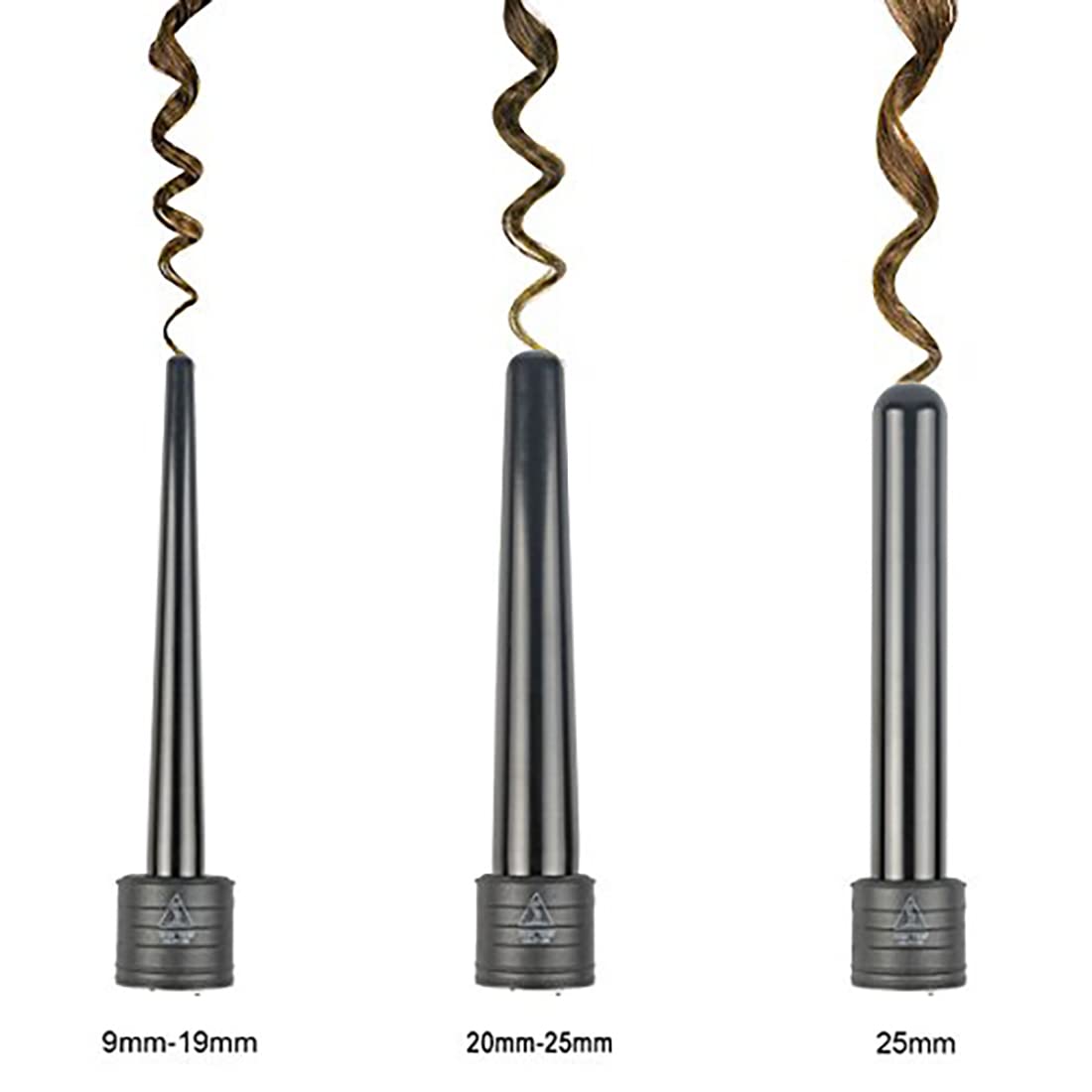 Three interchangeable ceramic curling barrels for hair styling