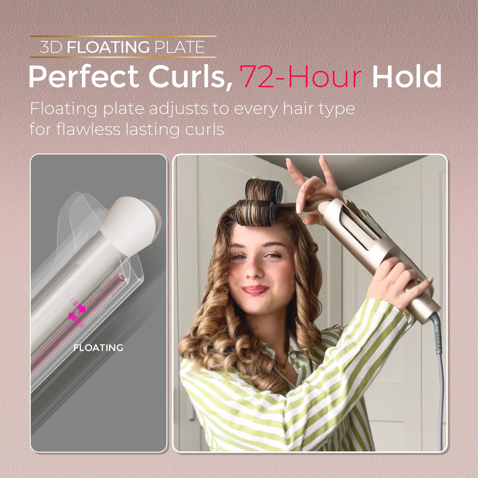 TYMO one inch gold ceramic hair curler showing the tangle free swivel cord