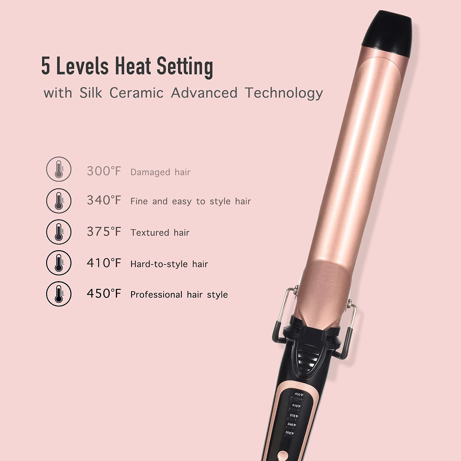 Lanvier curling iron showing temperature control settings