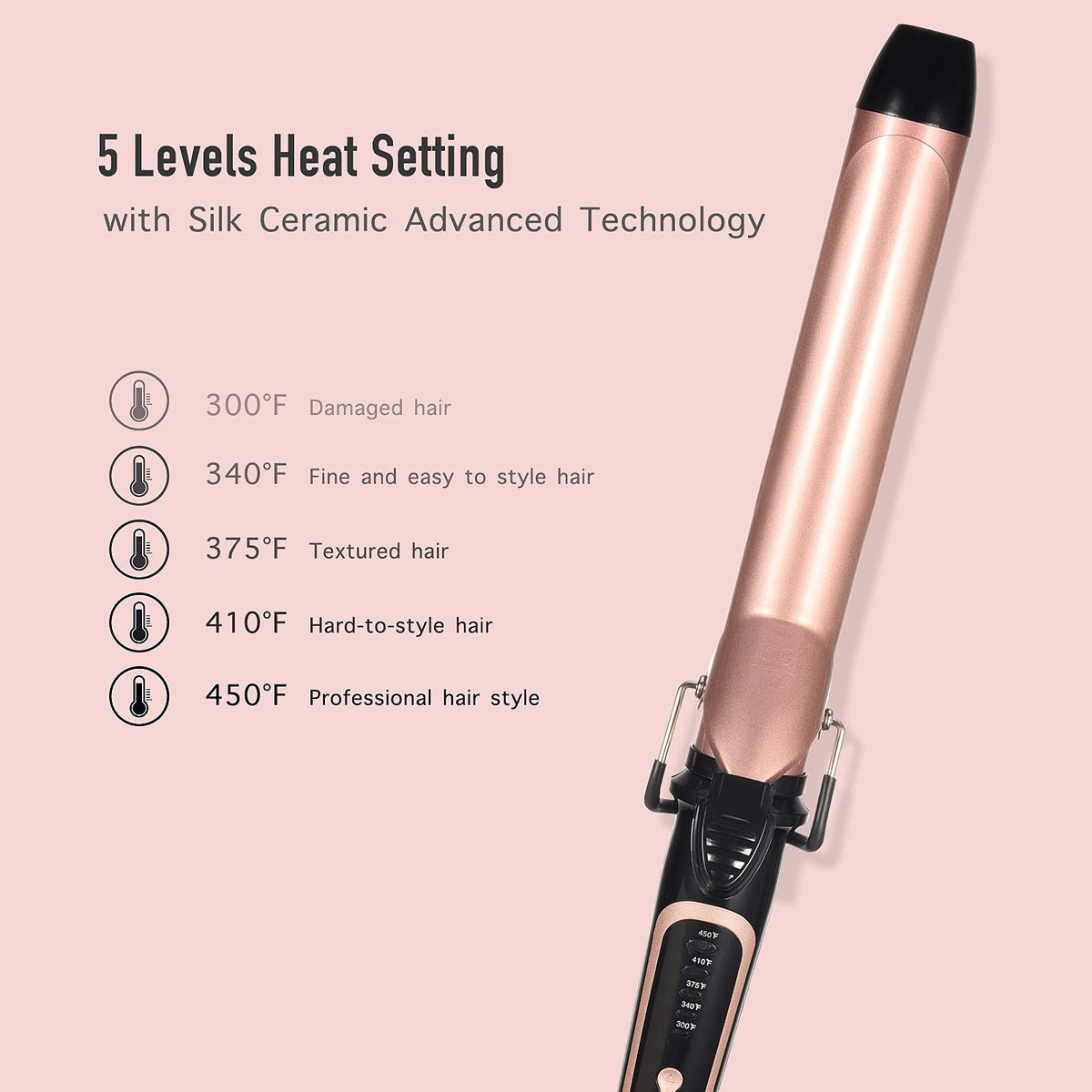 Lanvier curling iron showing temperature control settings
