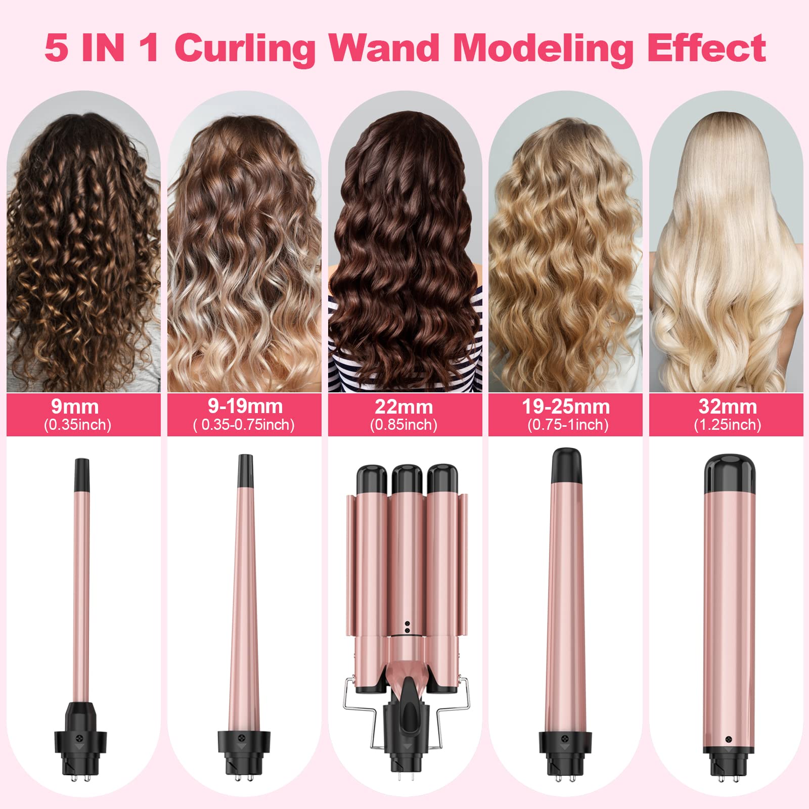 Ushow ceramic tourmaline hair curler set in pink and black