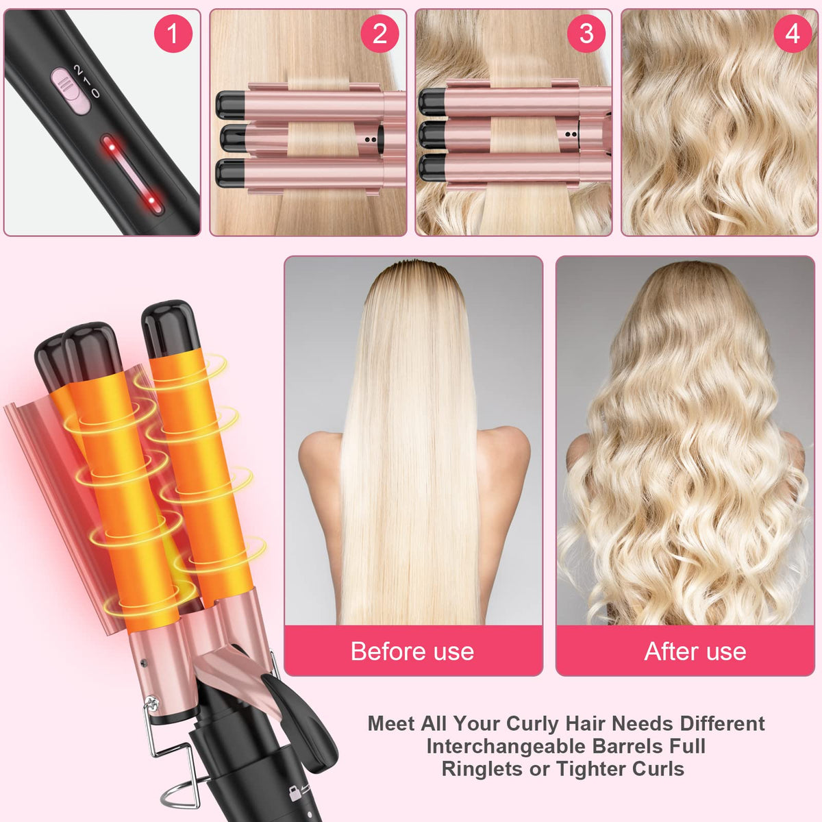 Close up of Ushow curling wand heating base and barrel attachment
