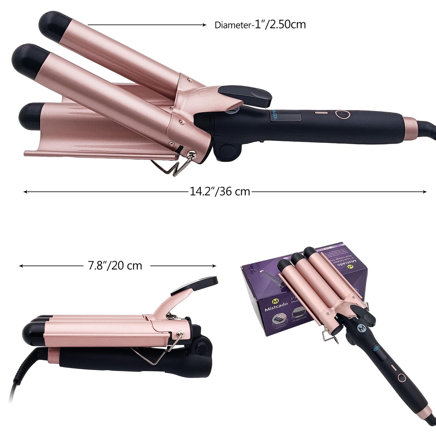 Close up of ceramic tourmaline barrels on Mistcado hair waver