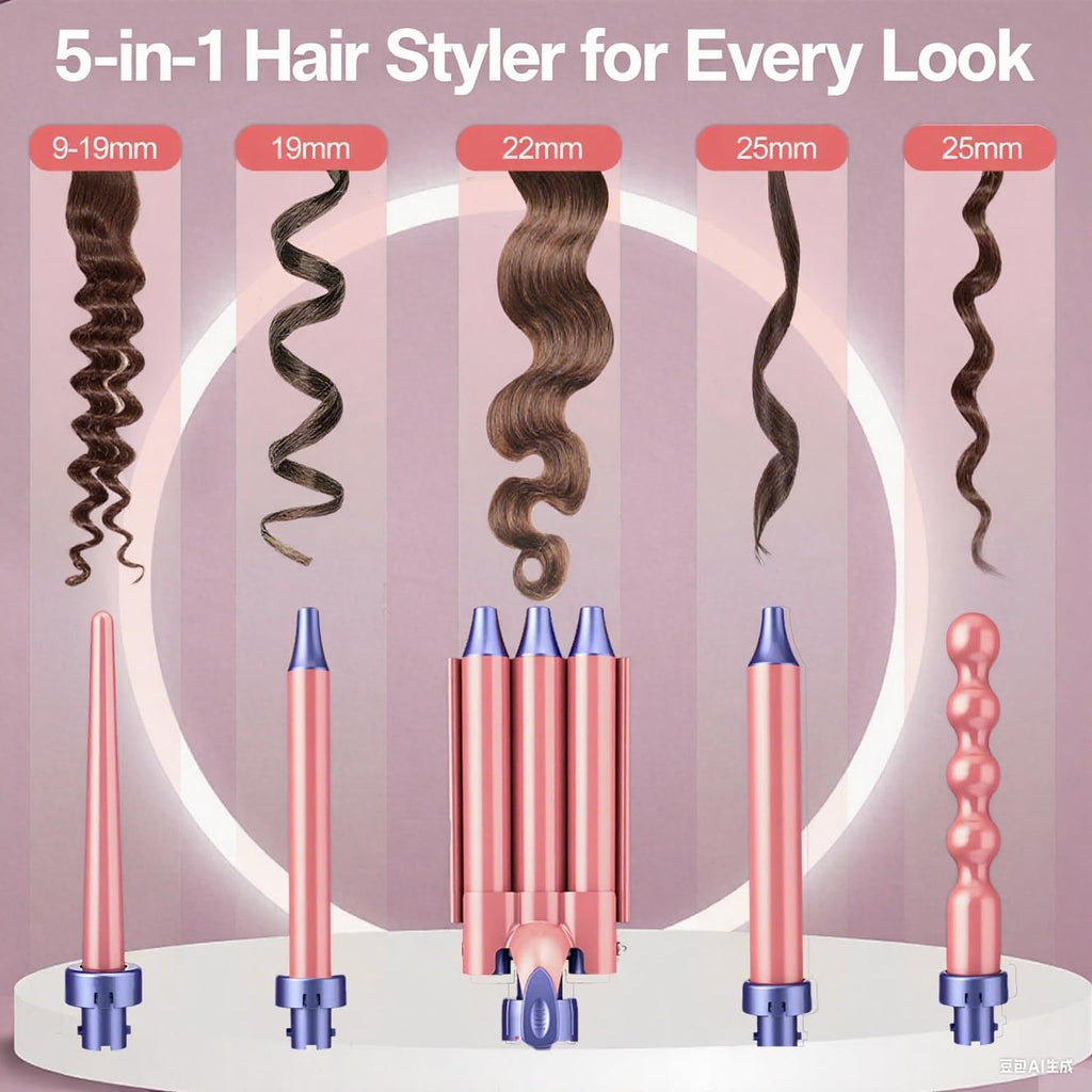 Brightup 5-in-1 curling wand showing five interchangeable ceramic barrel attachments