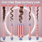 Brightup 5-in-1 curling wand showing five interchangeable ceramic barrel attachments
