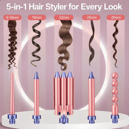 Brightup 5-in-1 curling wand showing five interchangeable ceramic barrel attachments