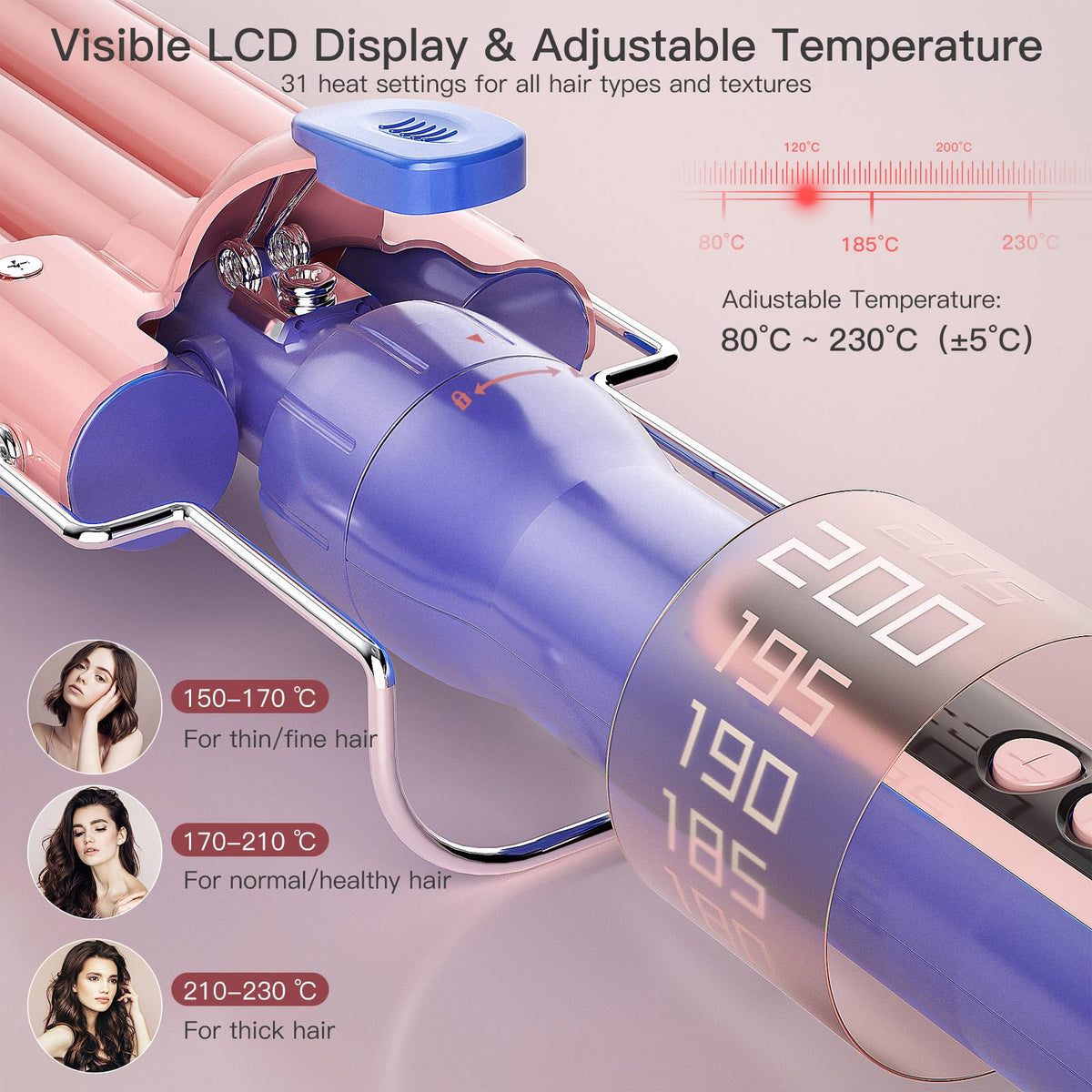Close up of Brightup curling iron LCD temperature display and settings