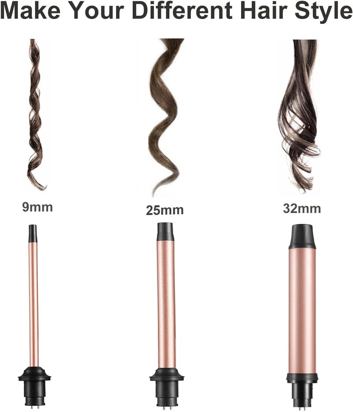 Side view of Unobey hair curler handle and attachments