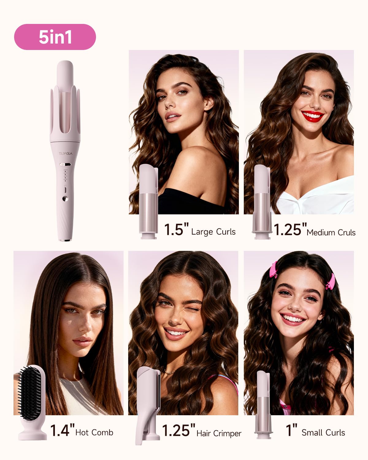 Tsuyagla hair styling set with three interchangeable ceramic barrels