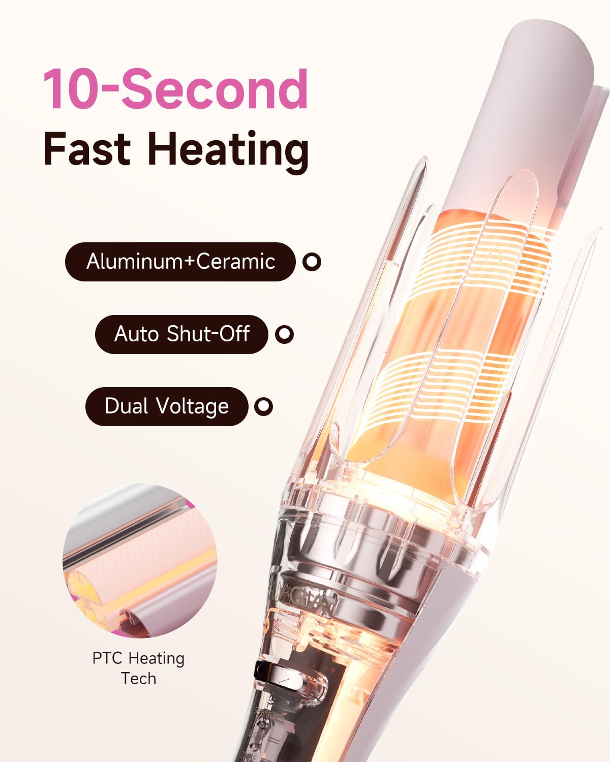 Close up of Tsuyagla automatic curling iron rotating ceramic barrel