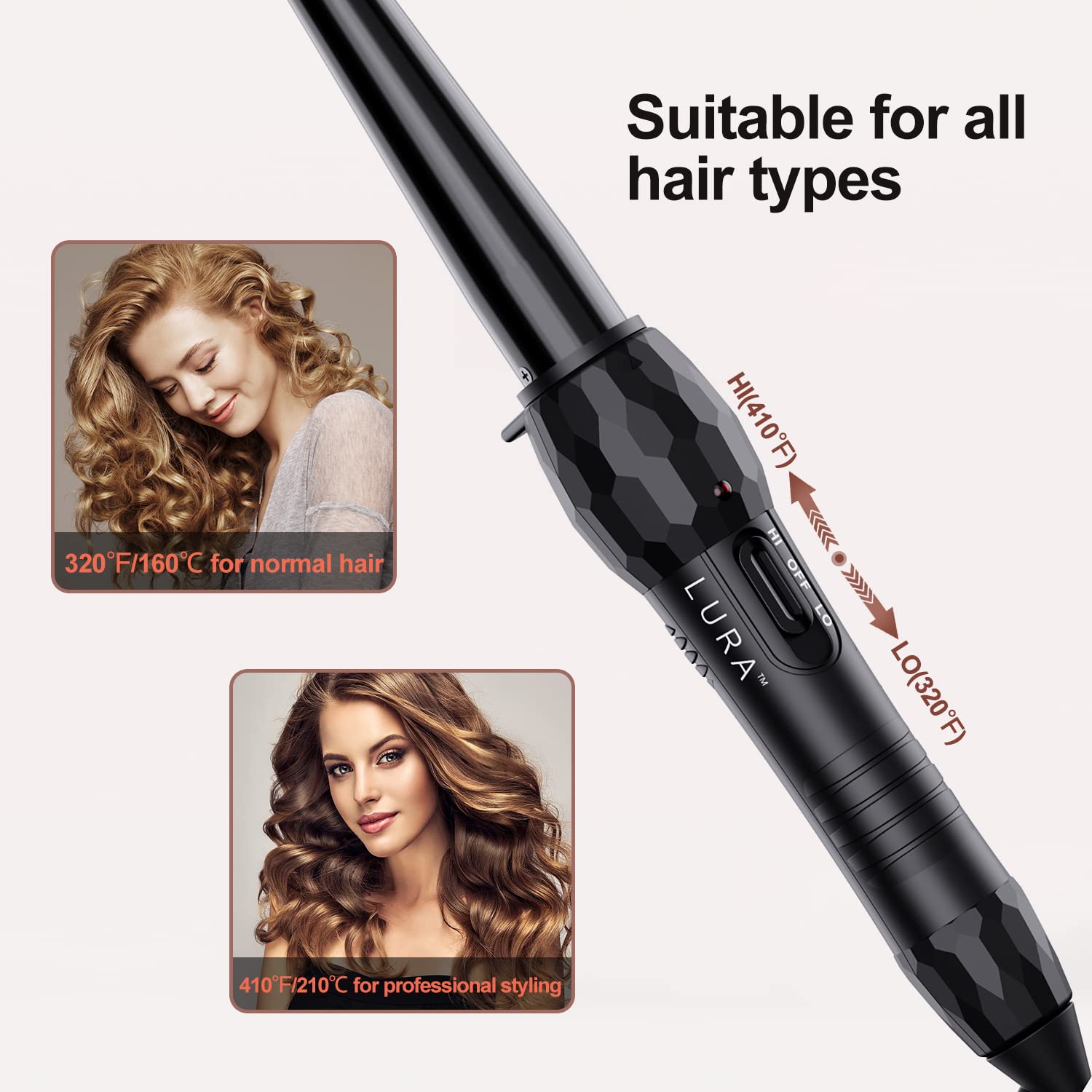 Lura curling iron with 1/2 to 1 inch tapered barrel