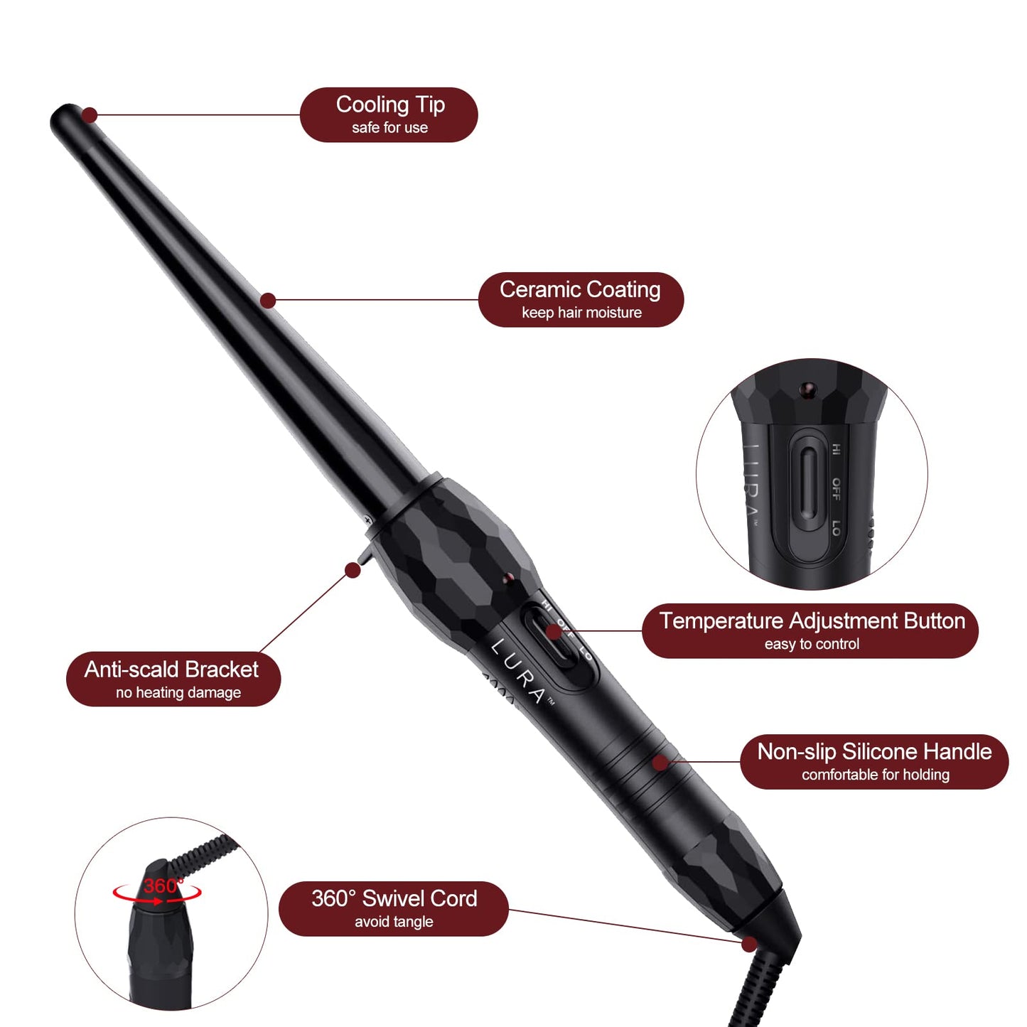 Side profile of Lura tourmaline curling wand for natural waves