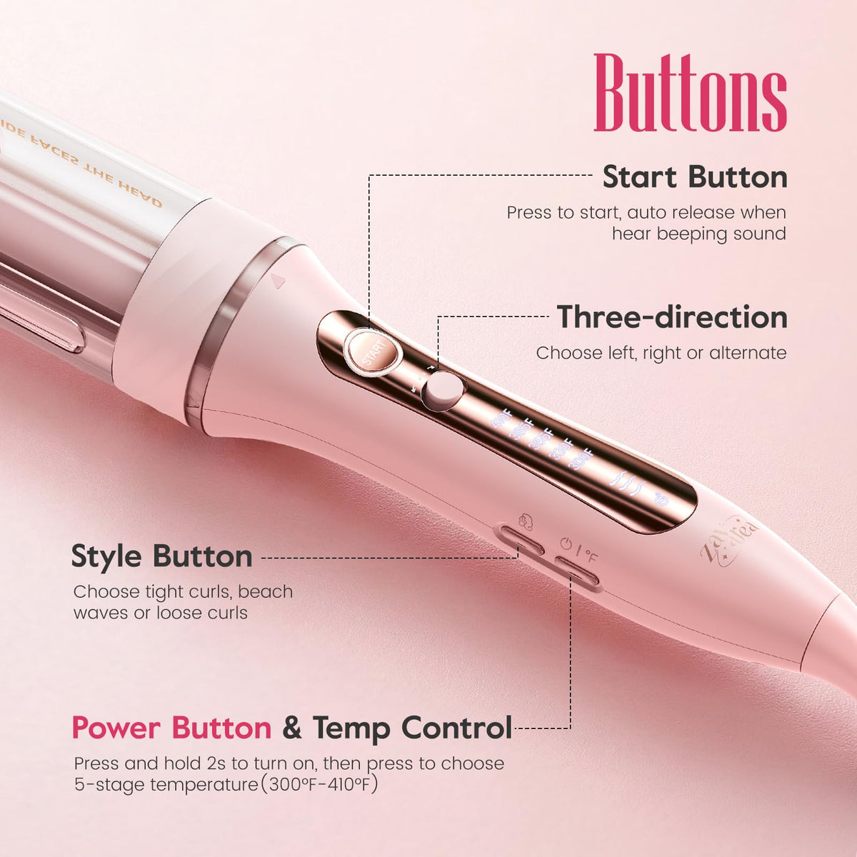 Zavarea curling wand safety shield and anti-scald design