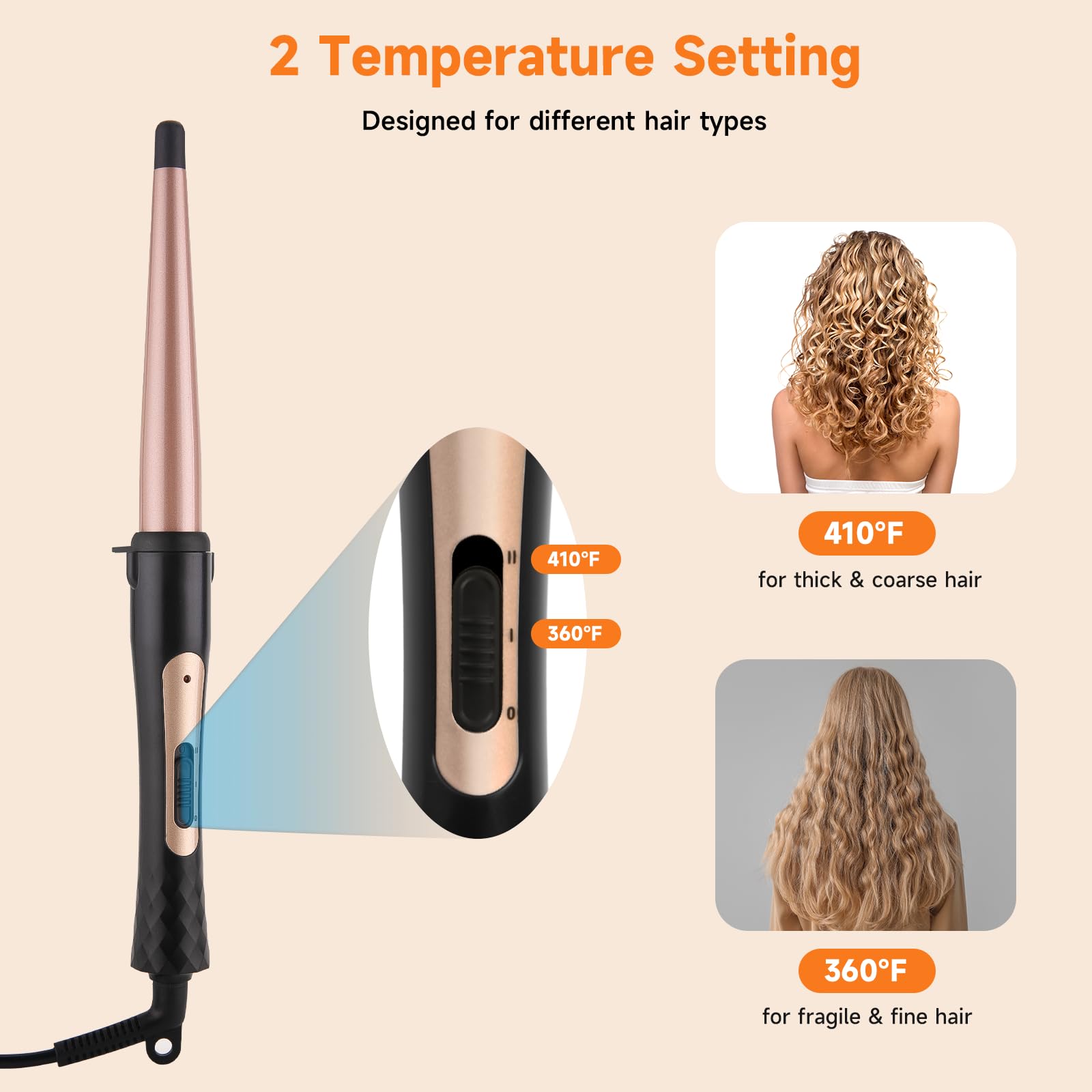 Mcodon tapered hair curler showing the clamp-free design.