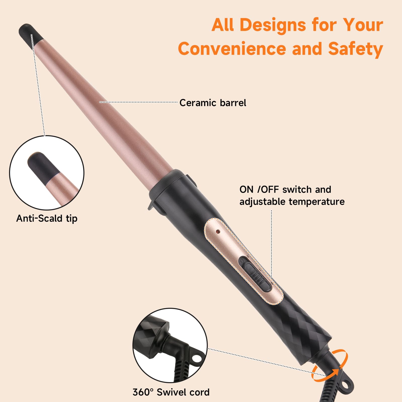 Mcodon tourmaline ceramic curling wand with heat resistant glove.