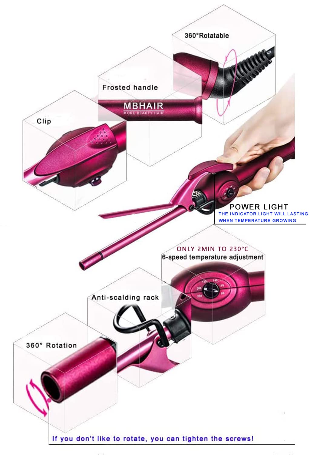 MBHAIR hair curler with 360 degree swivel power cord