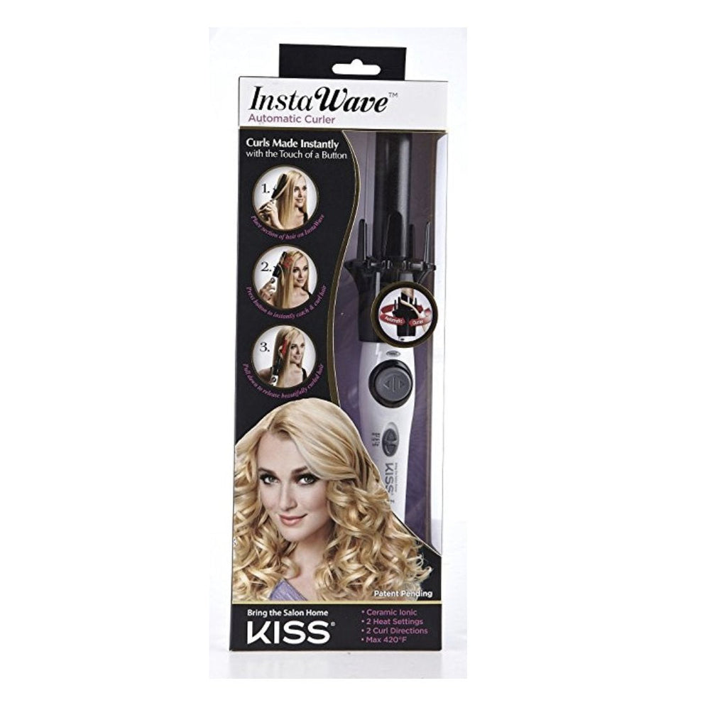 Close up of Kiss Instawave ceramic curling iron barrel and controls