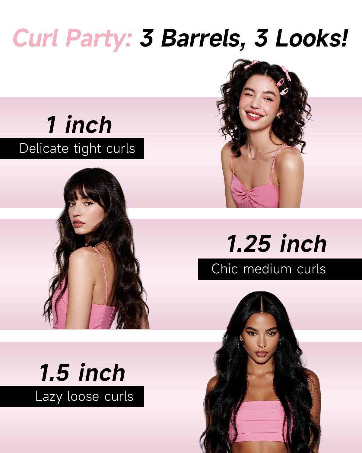 Tsuyagla curling iron with three interchangeable ceramic barrels