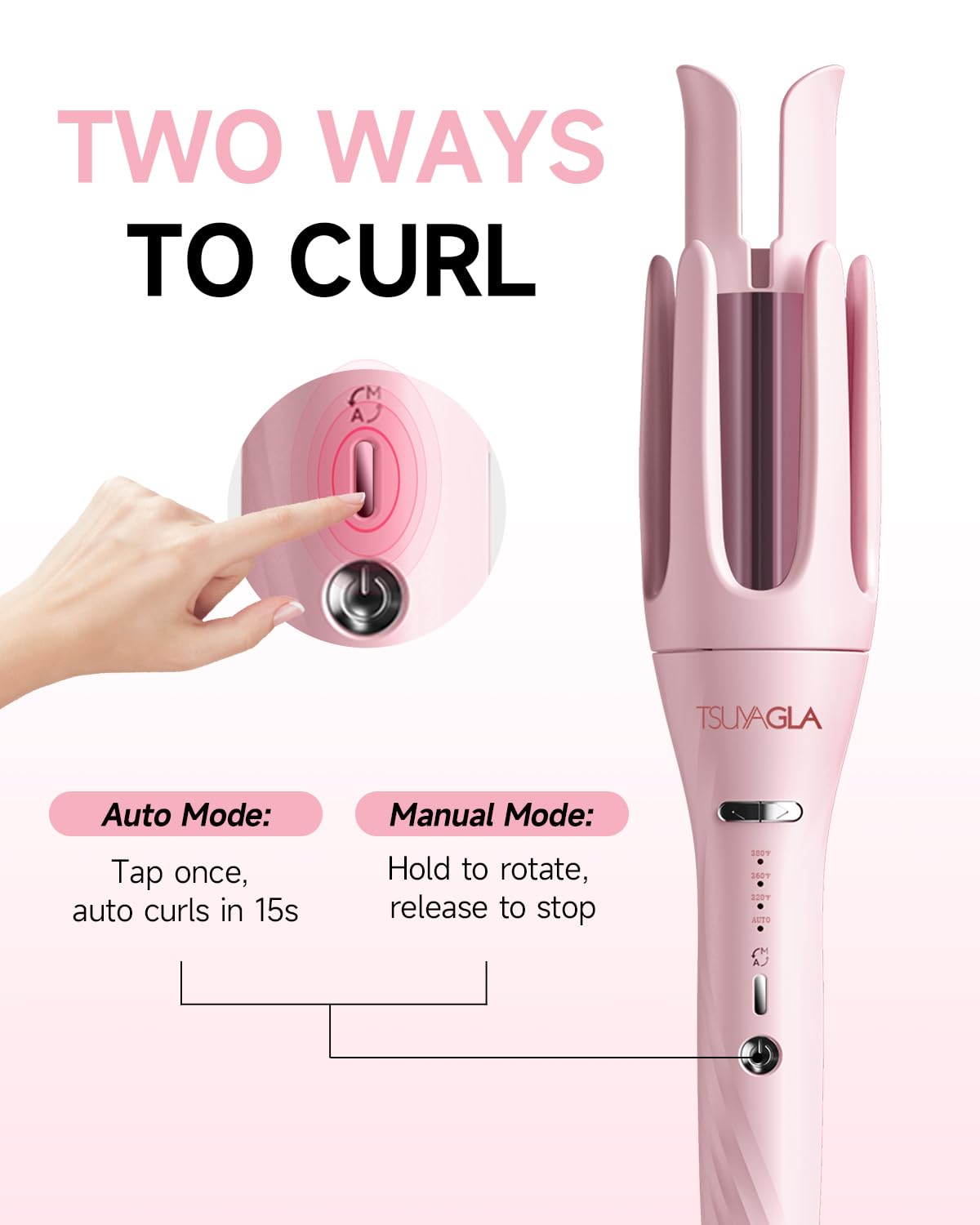 Close up of Tsuyagla hair curler rotation buttons and settings