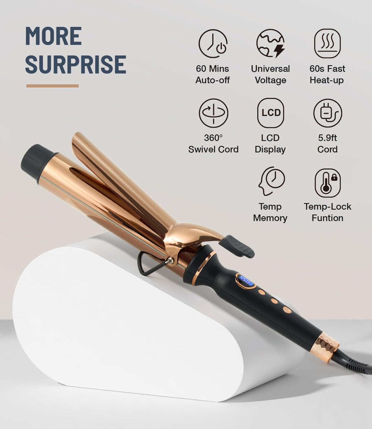 Orynne hair curler showing the dual voltage plug and sleek handle design