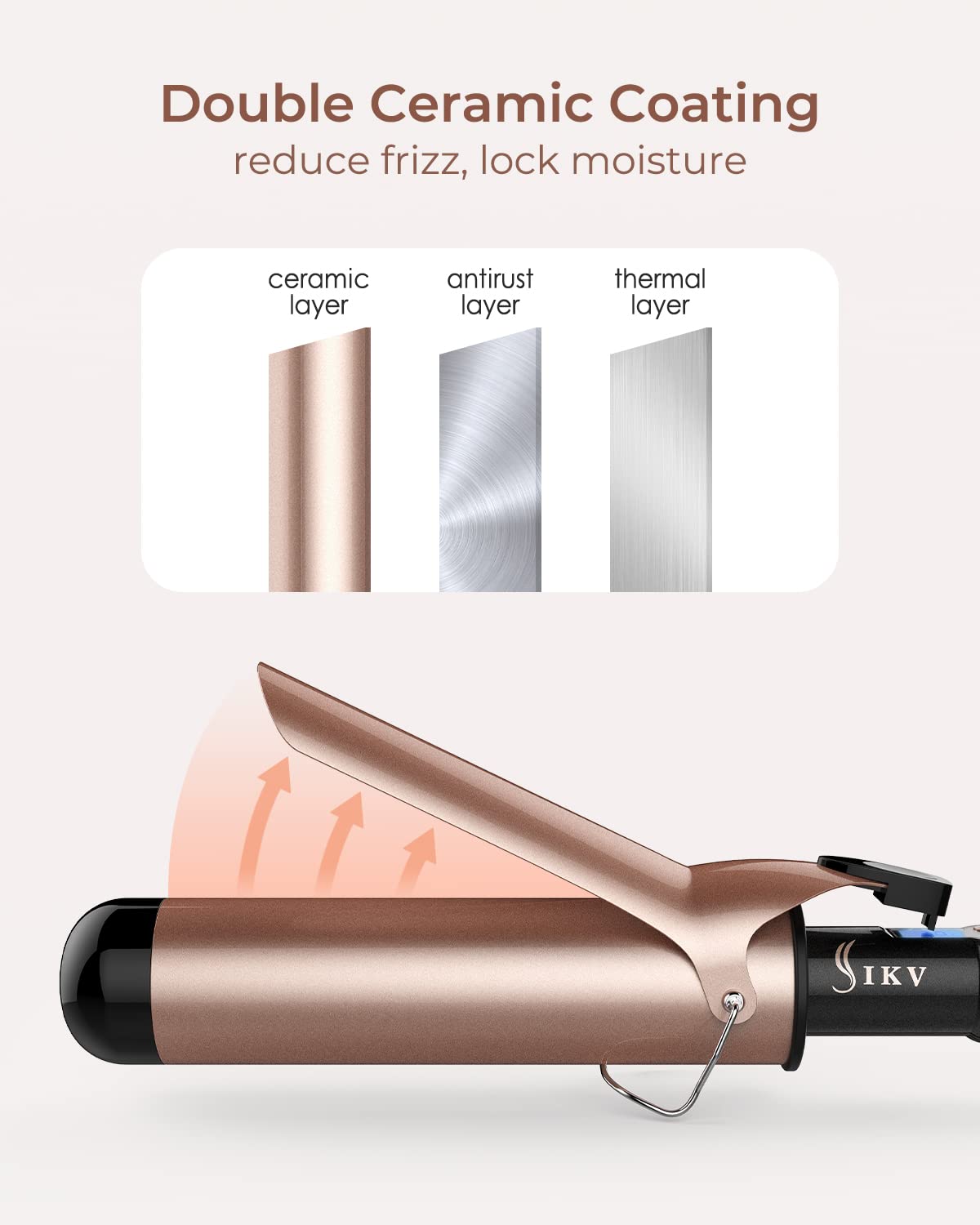 Hand holding Ikv 2 inch curling iron with heat resistant glove