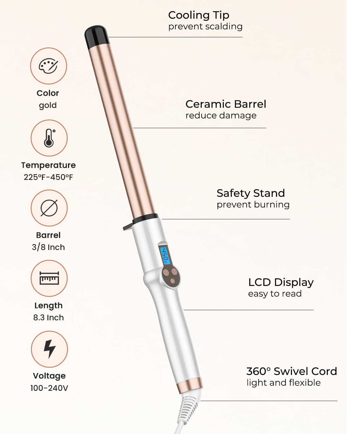 Hoson curling wand packaging and dual voltage power plug detail