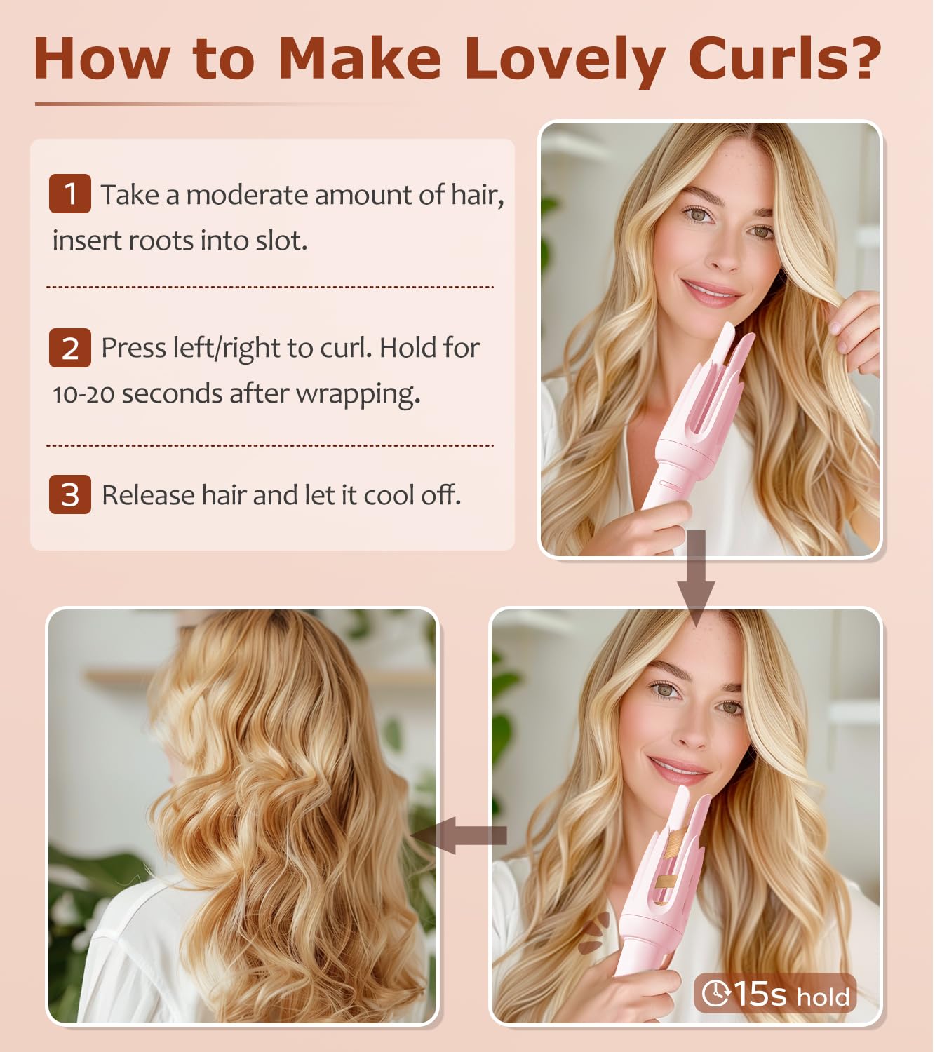 Woman using Bilitok automatic hair curler for waves