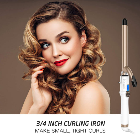 Close up of Hoson curling iron ceramic tourmaline barrel and LCD display