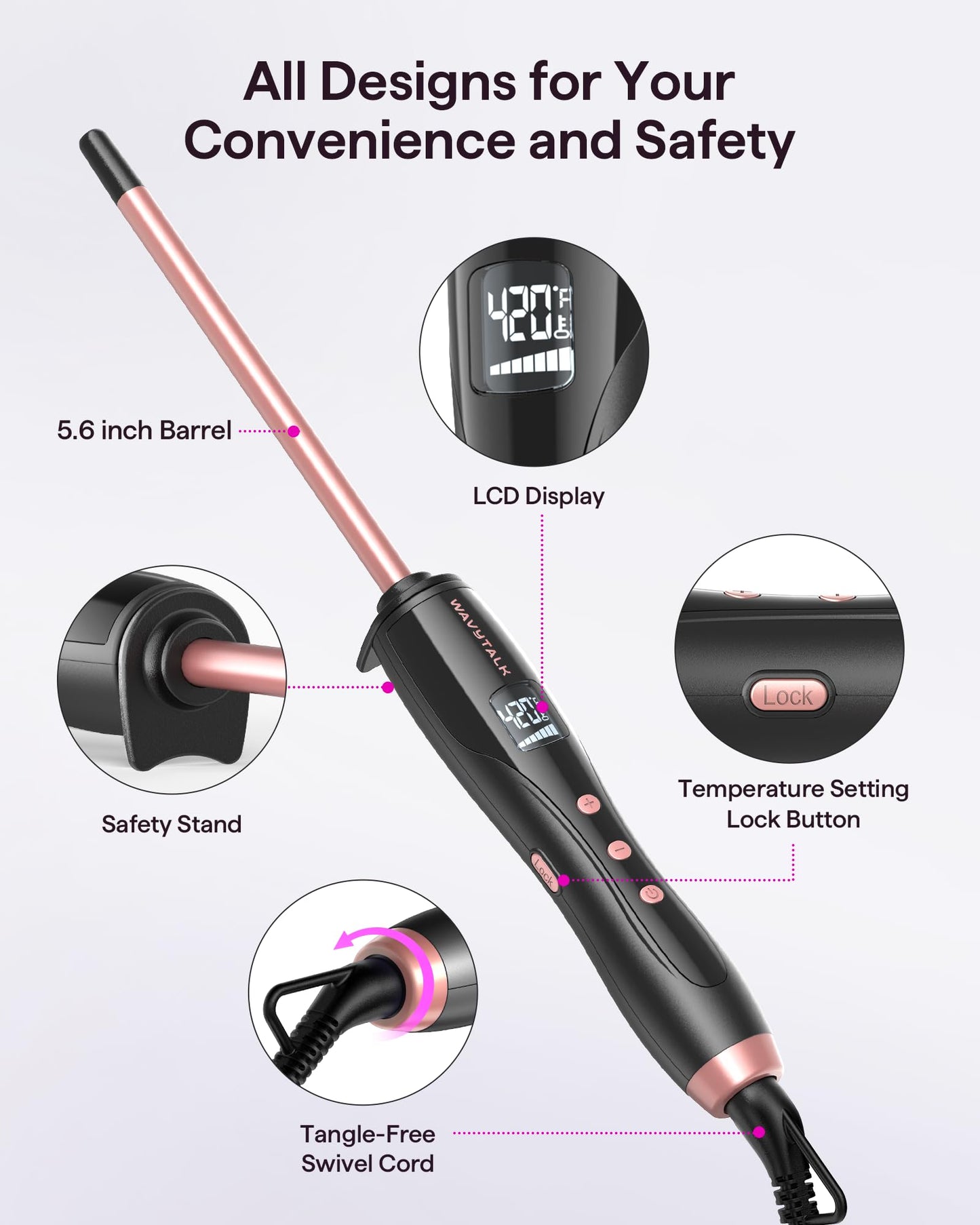 Close up of the slim ceramic barrel of the Wavytalk curling wand