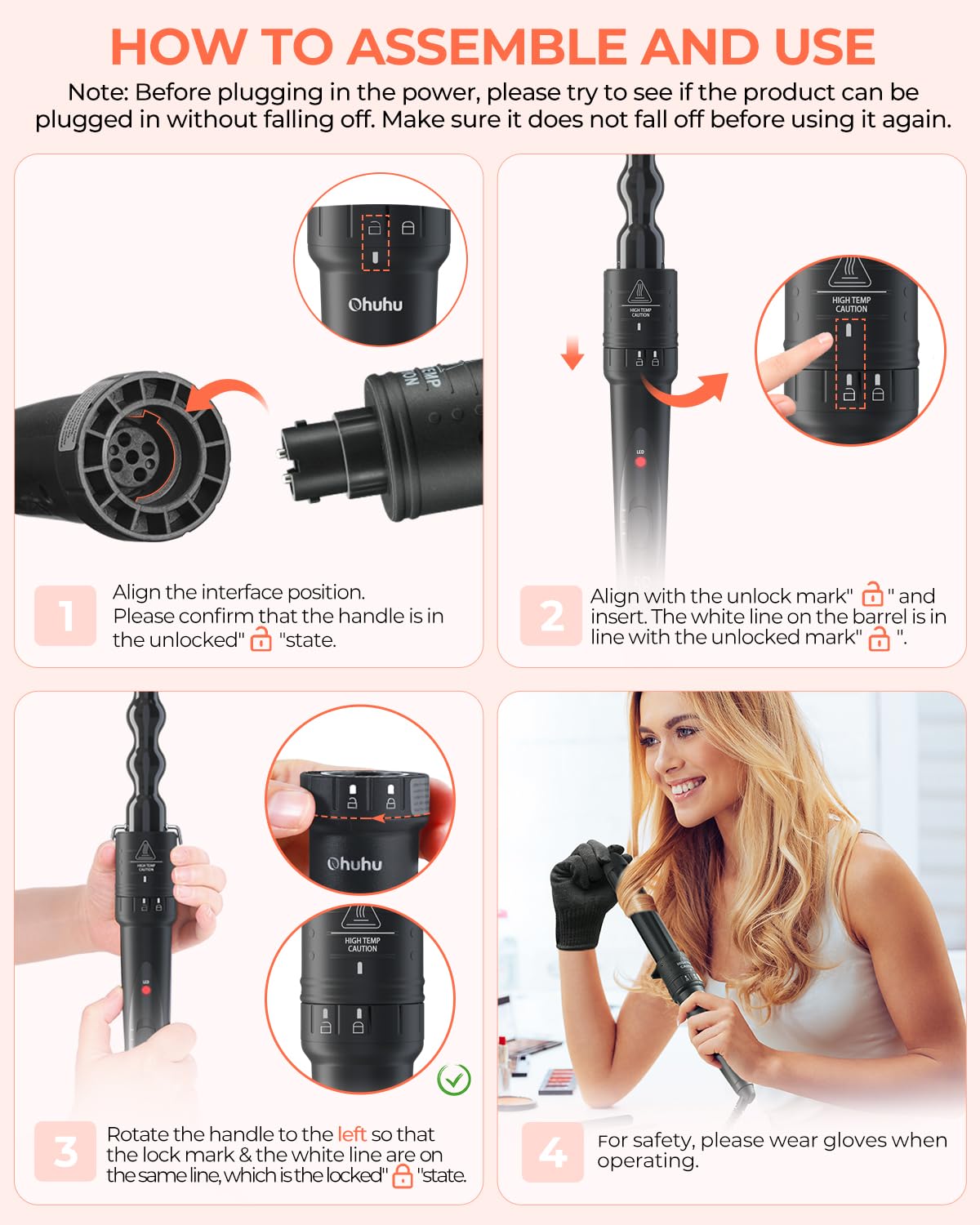 Close up of Ohuhu curling iron barrels and heat protective glove