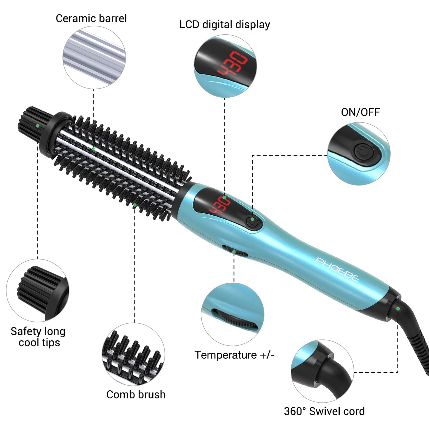 Phoebe ionic hair curler showing ceramic barrel surface
