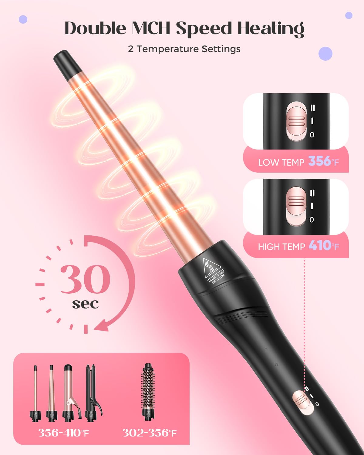 Close up of interchangeable ceramic barrels for Lopeie curling iron