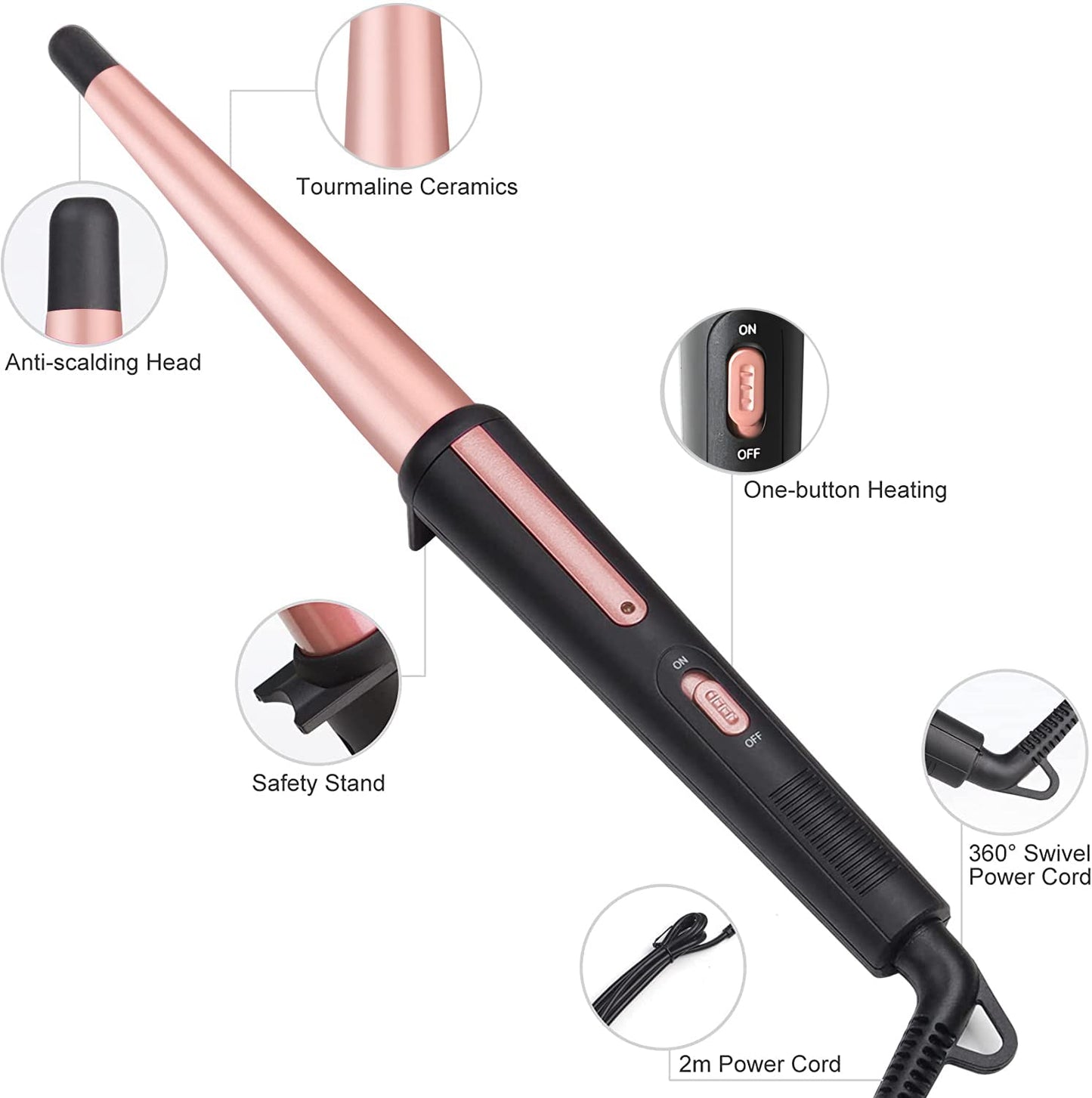 Jaeton hair curling wand showing tapered 0.5 to 1 inch barrel