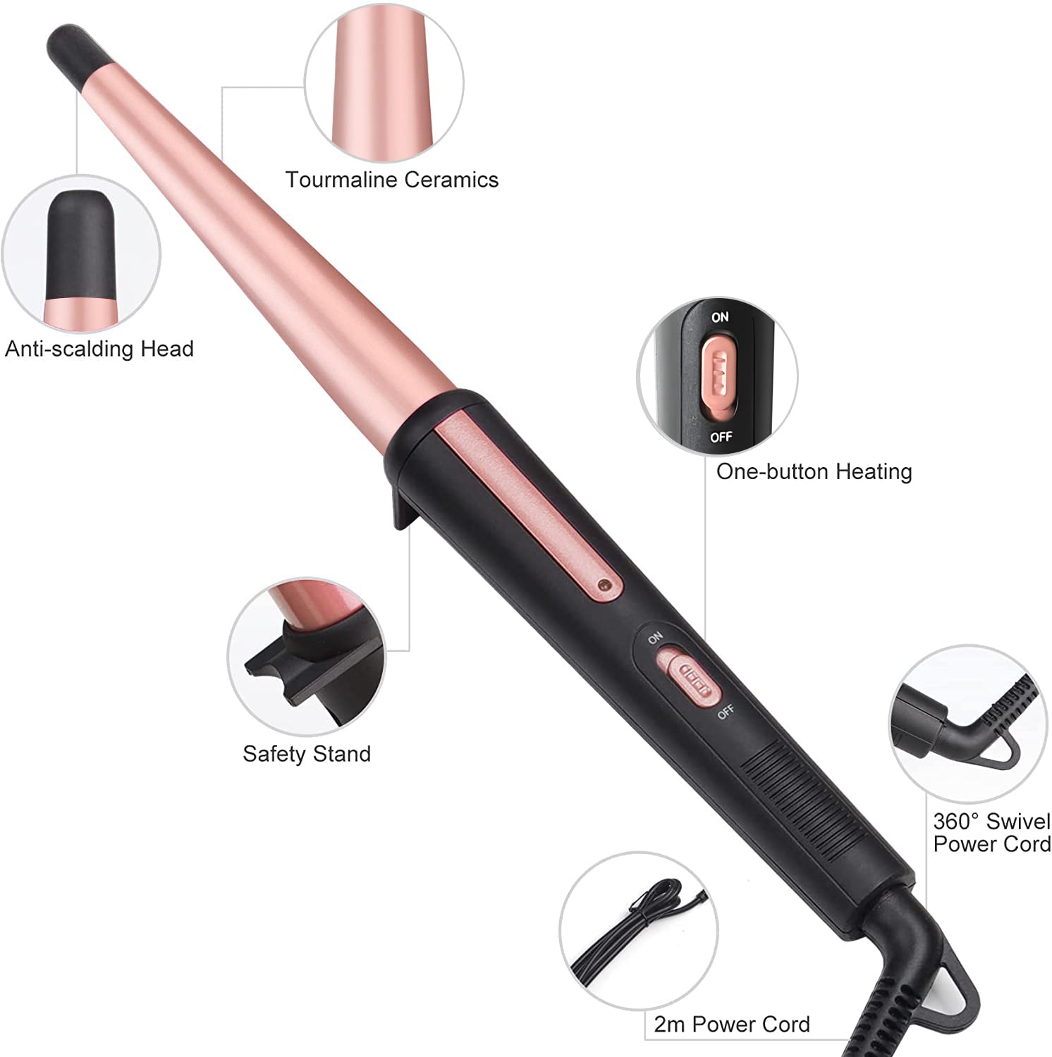 Jaeton hair curling wand showing tapered 0.5 to 1 inch barrel